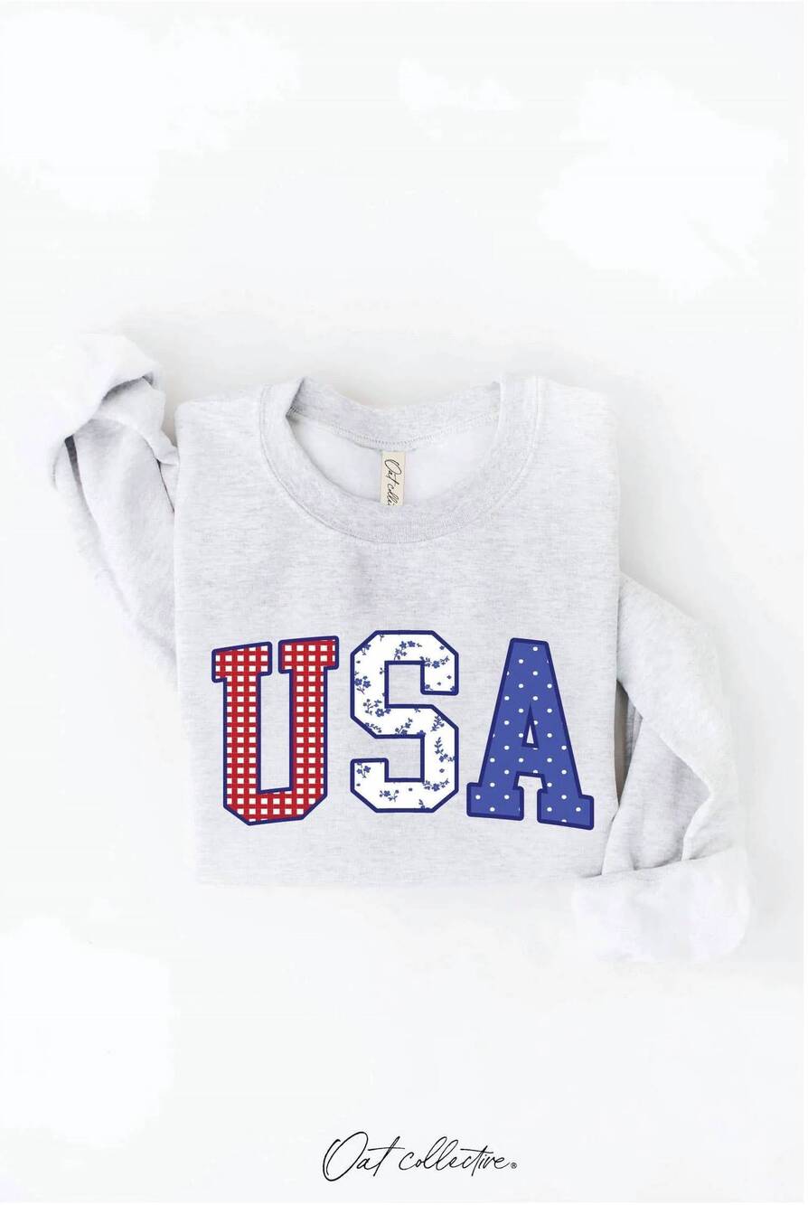 NEW OAT COLLECTIVE women's usa with pattern sweatshirt in white heather